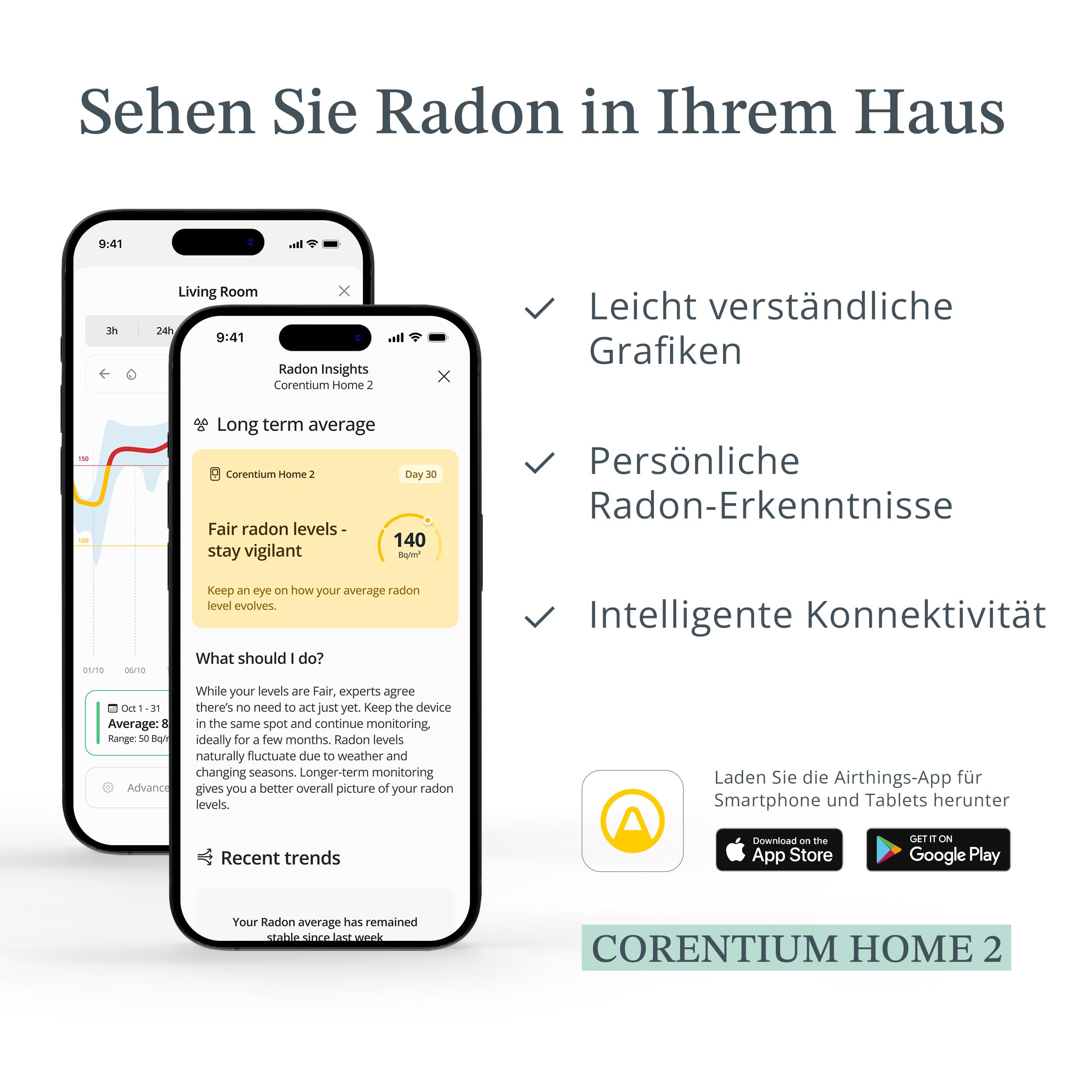 Airthings 325 Corentium Home 2 digitaler Radondetektor tragbar Bluetooth Luftfeuchtigkeit Temperatursensor