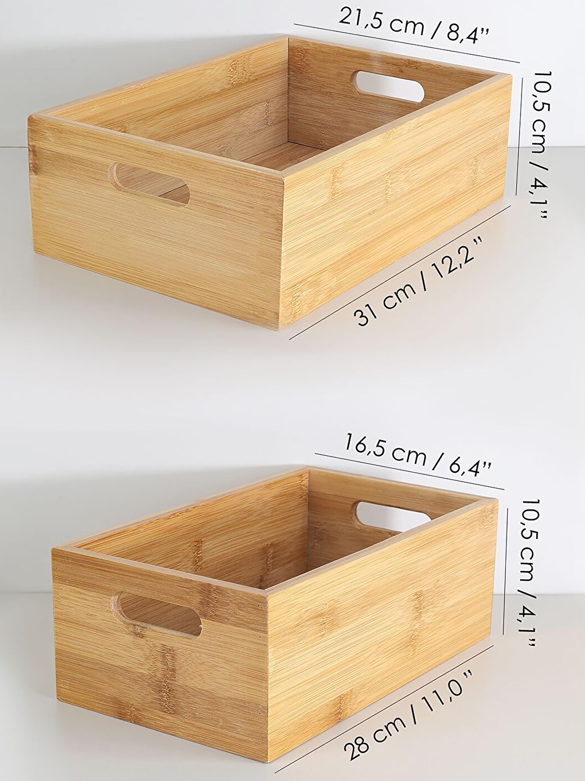 Promosyonca Bambu Organizer Kutusu 2'li Set, Doğal Bambu Saklama Kutuları, Tutma Kulplu, Çok Amaçlı Düzenleyici, 31x21.5x10.5 cm ve 28x16.5x10.5 cm