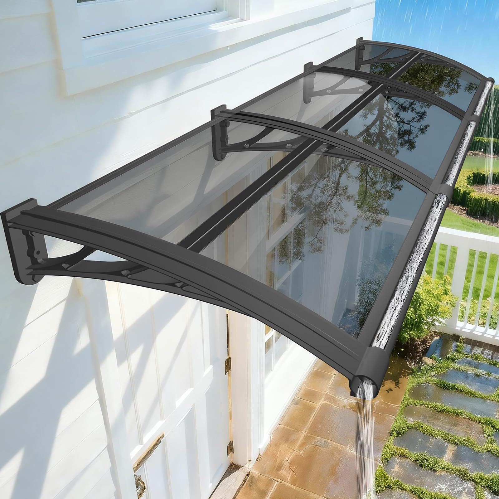 LWJSOCP 24”x142” Grey Polycarbonate Window Canopy Aw for Door Entrance & Patio - Exterior Overhang with Drainage Sink Stylish Shelter Protection