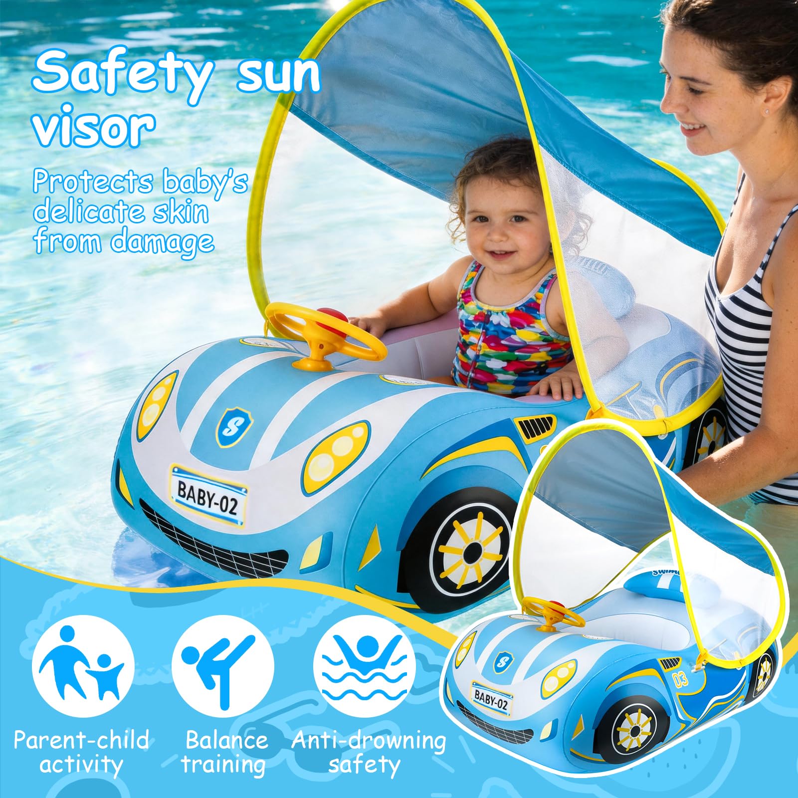 XIMEI Flotador Bebé con Parasol, Baby Float Hinchable para Bebés, Anillo de Natación para Bebé, Flotador Piscina Protección UV, Juguetes Bebe de Piscina 1 a 5 Años