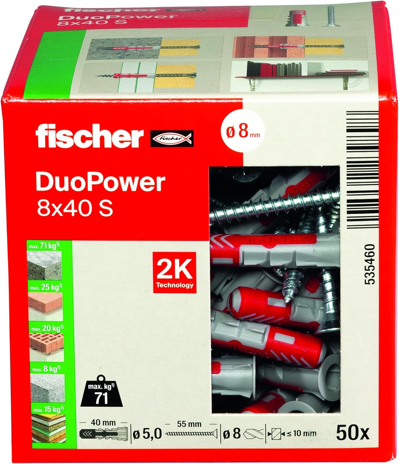 Fischer DuoPower 8 x 40 S, Powerful Universal Plug with Safety Screw, Intelligent 2-Component Technology for fastenings in Concrete, Bricks, Stone, Gypsum plasterboard, etc., 50 Plugs & 50 Screws