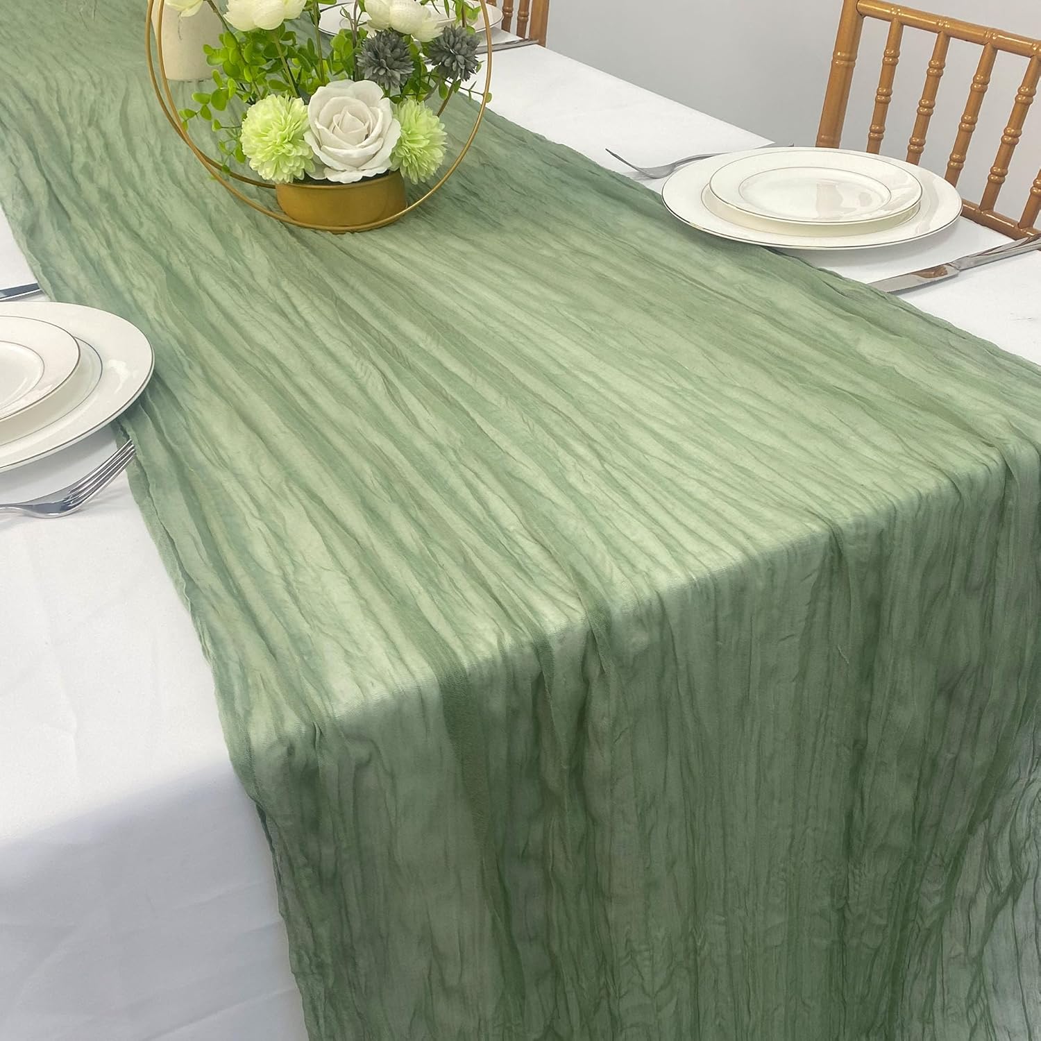 Sage Green Table Runner 10Ft Boho Gauze Rustic Sheer