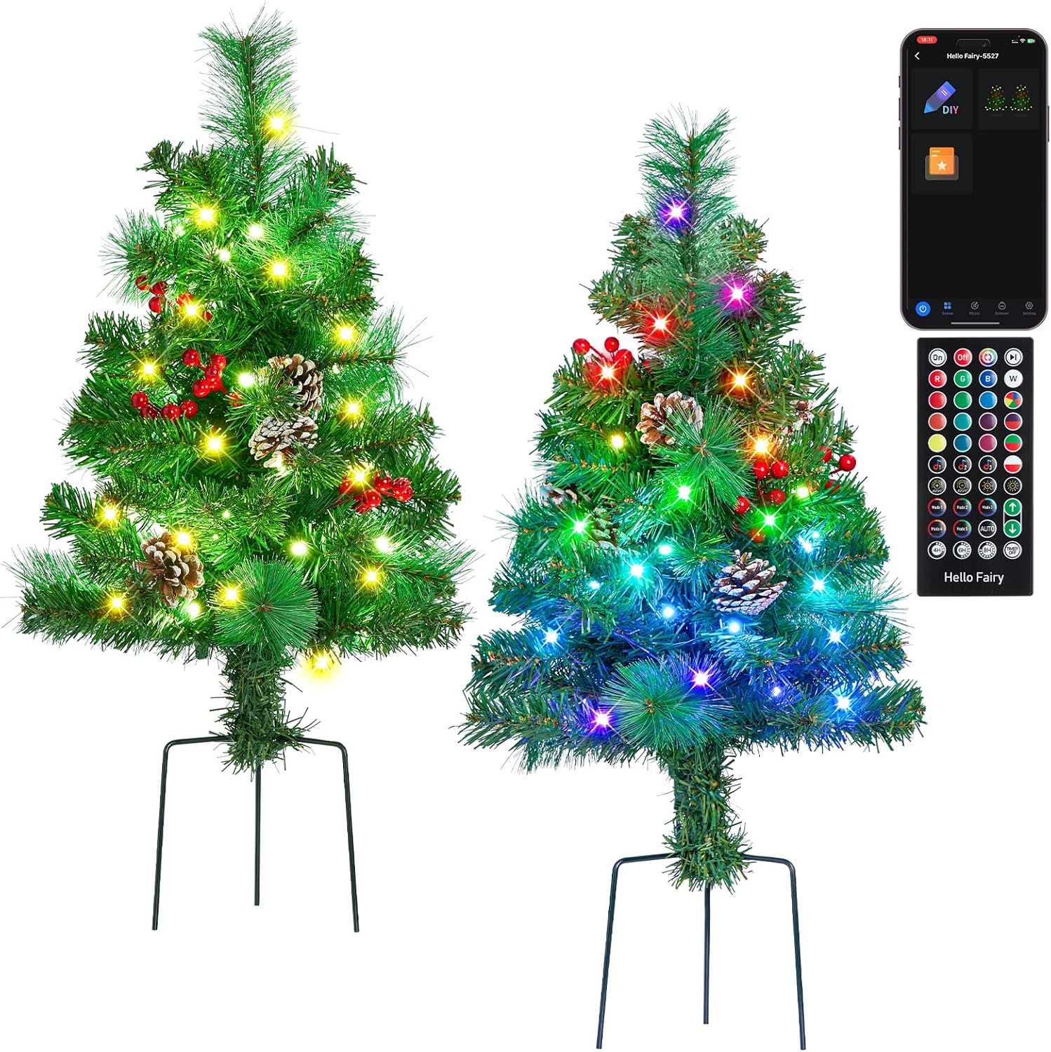 Outdoor Pathway Christmas Trees, 2-Pack 28.5Inch RGB Color Changing Pre-Lit Smart Artificial Pine Tree with Cones, Remote&App Control, Outdoor Christmas Decorations for Porch Yard Walkway