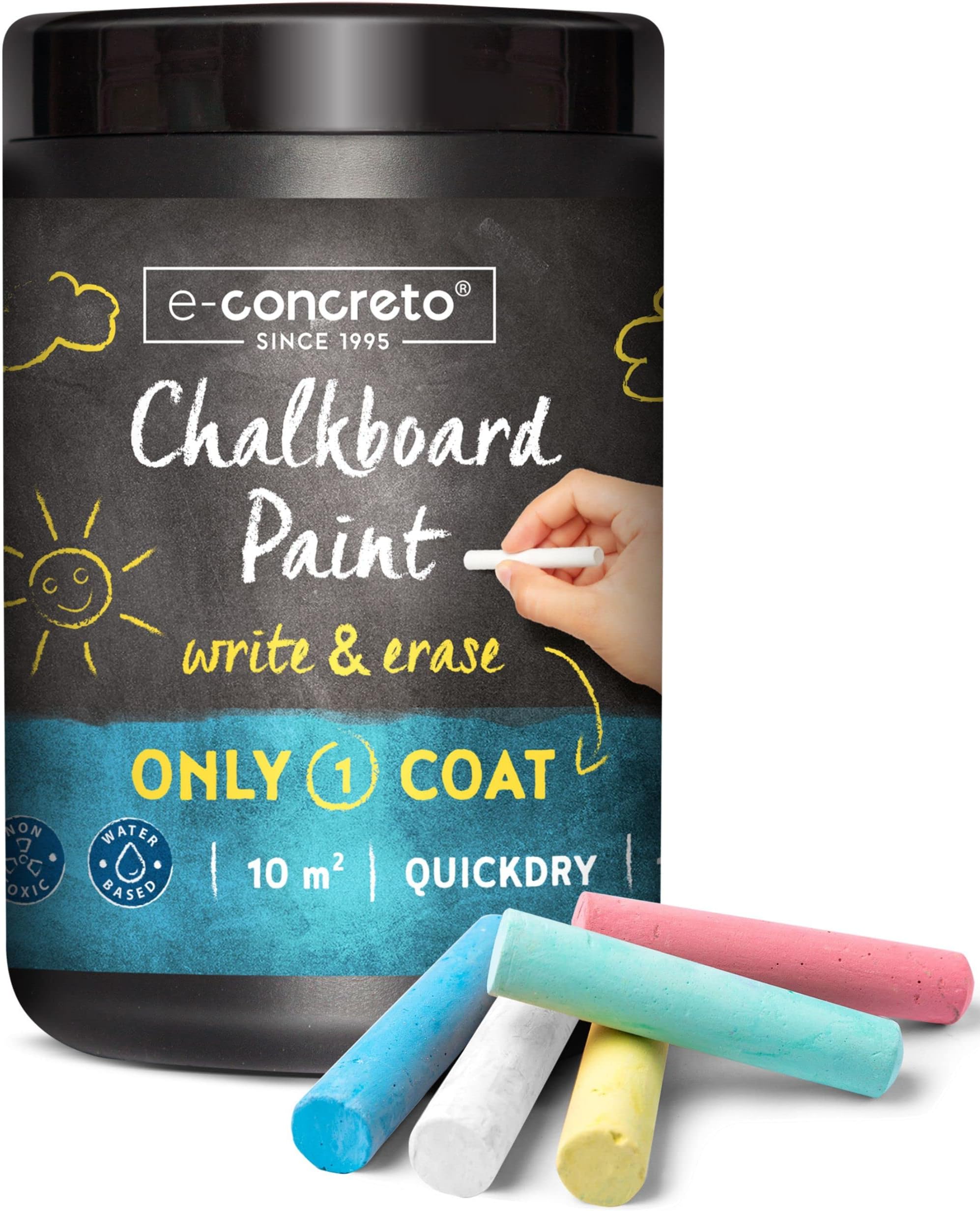 One Coat Blackboard Paint Black + Chalk (1000ml) | Water-based and Non-toxic | Black Chalkboard Paint