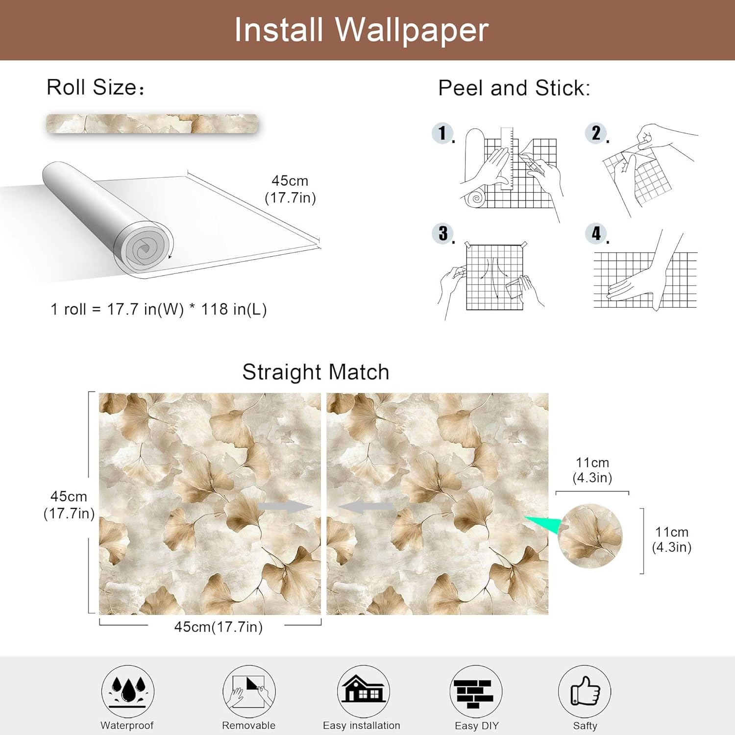 Ginkgo Leaf Peel and Stick Wallpaper, Beige Wallpaper for Home Decor | Self-Adhesive, Waterproof Vinyl, 17.7" x 118"