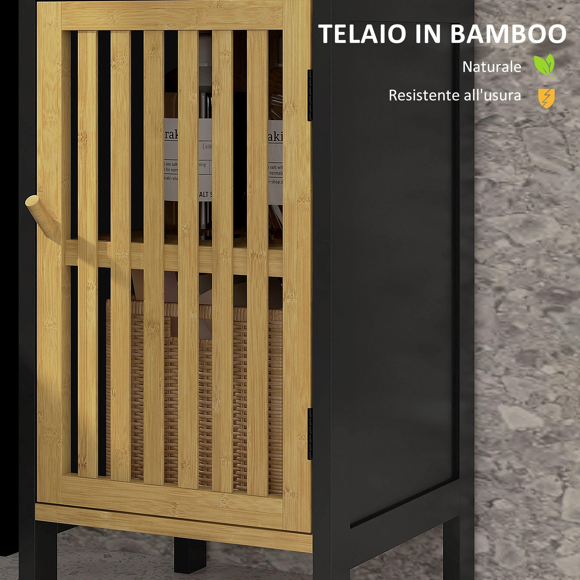 HOMCOM Mobiletto Bagno Salvaspazio con Ripiano Aperto e Armadietto con Ripiano Regolabile, Mobile da Bagno in MDF e Bambù, 32x30x90.5 cm, Nero e color Legno