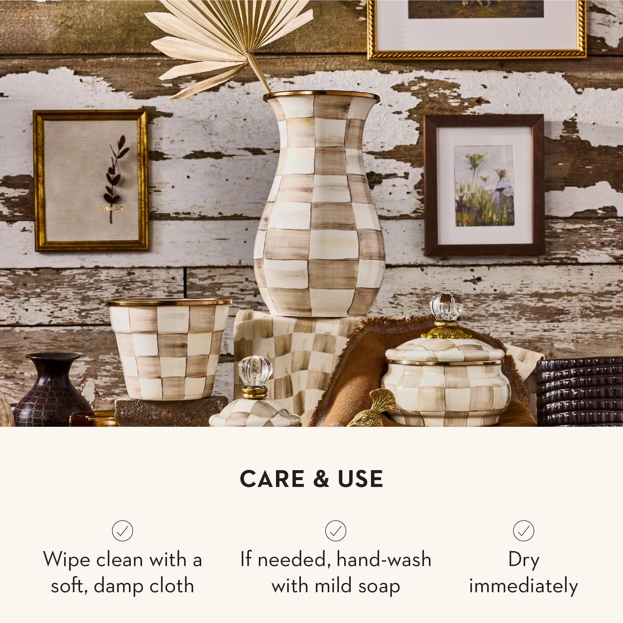 MACKENZIE-CHILDS Enamel Tall Vase, Brown-and-White Mocha Check — product photo