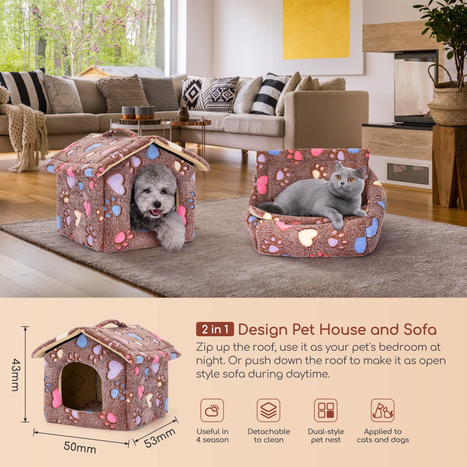 Nobleza Caseta para Perros,Casa Gatos Interior, Cama para Perro con Colchón Extraíble, Plegable Casa para Gato, Conejos, 53x50x43cm L, Marrón