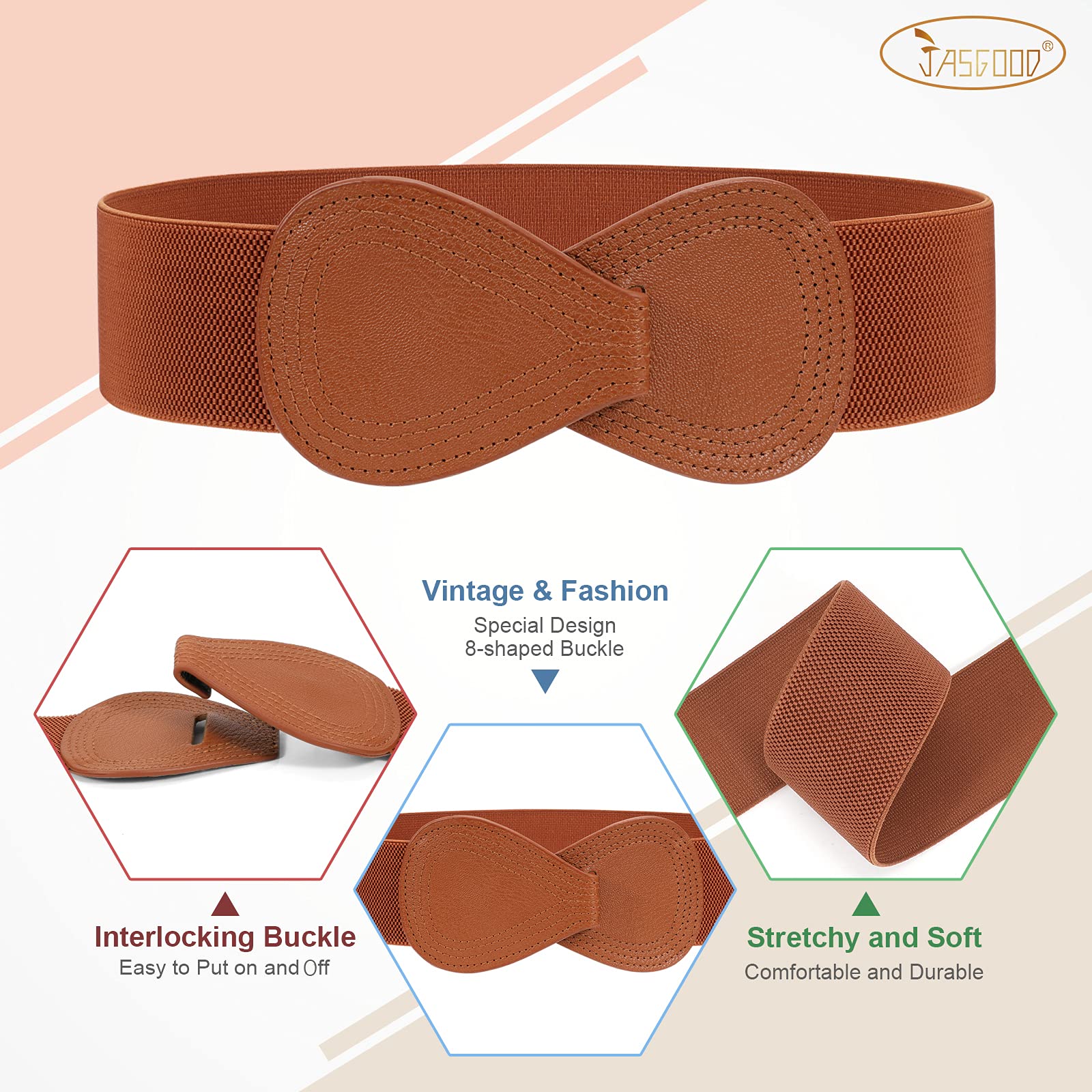 JASGOOD 3 Pack Women Stretchy Belts for Dress Vintage Wide Elastic Waist Belts