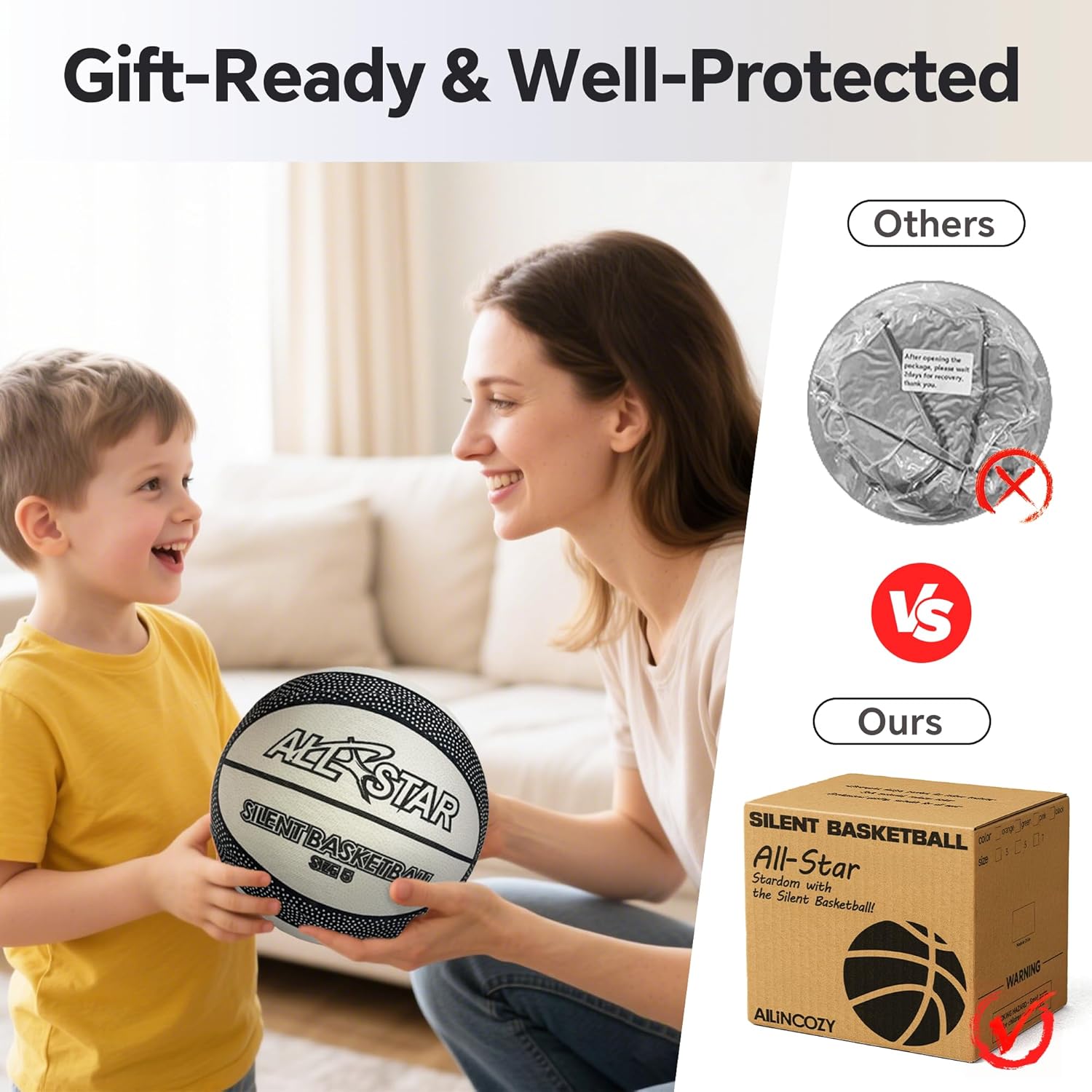 Covered Silent Basketball, Fabric Cover Soft Foam Airless Basketball, High Bounce, Noise-Free Training Ball