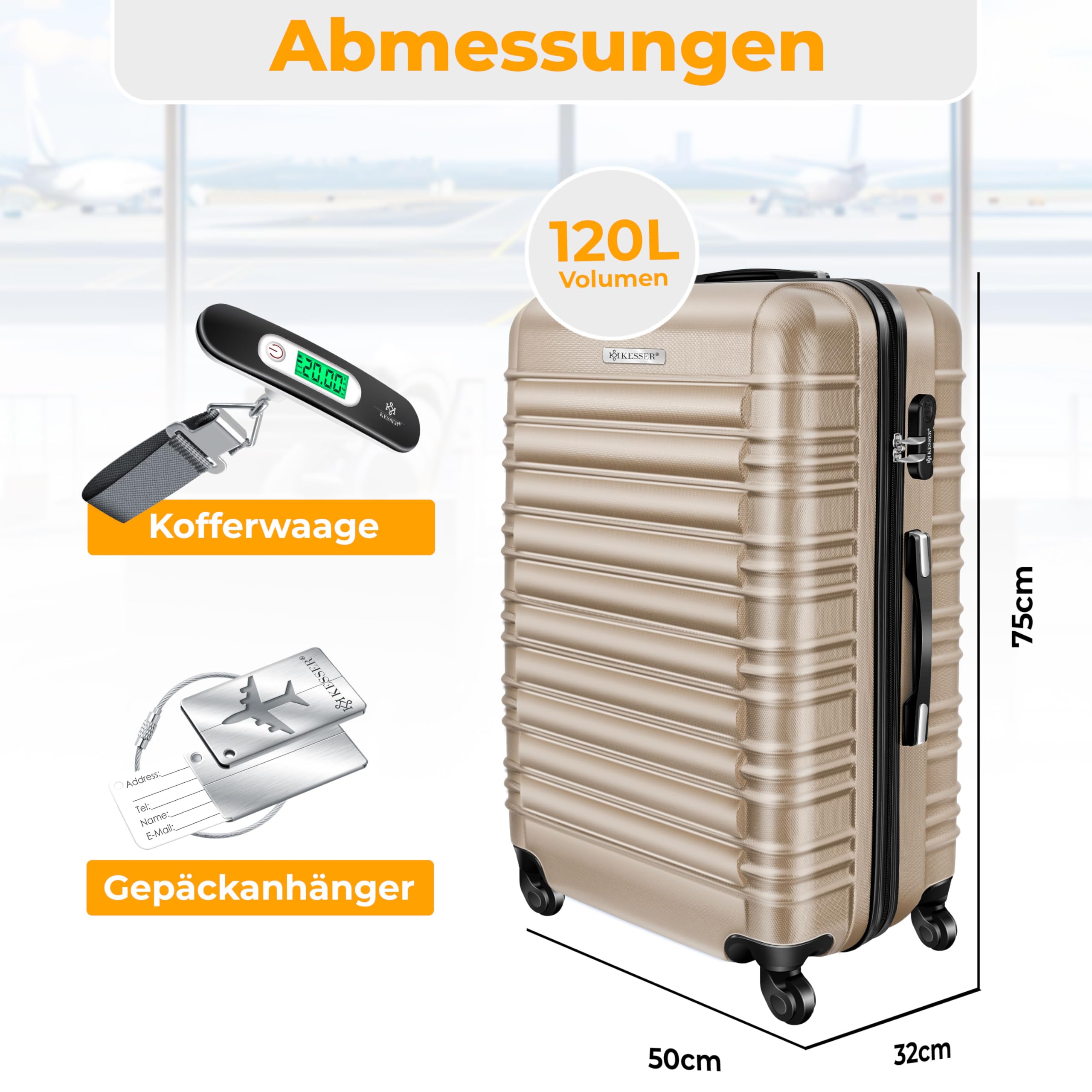 KESSER Reisekoffer 120L Hartschalen Trolley ABS-Hartschale Zahlenschloss 4 Rollen Teleskopgriff 75x50x32cm Champagne