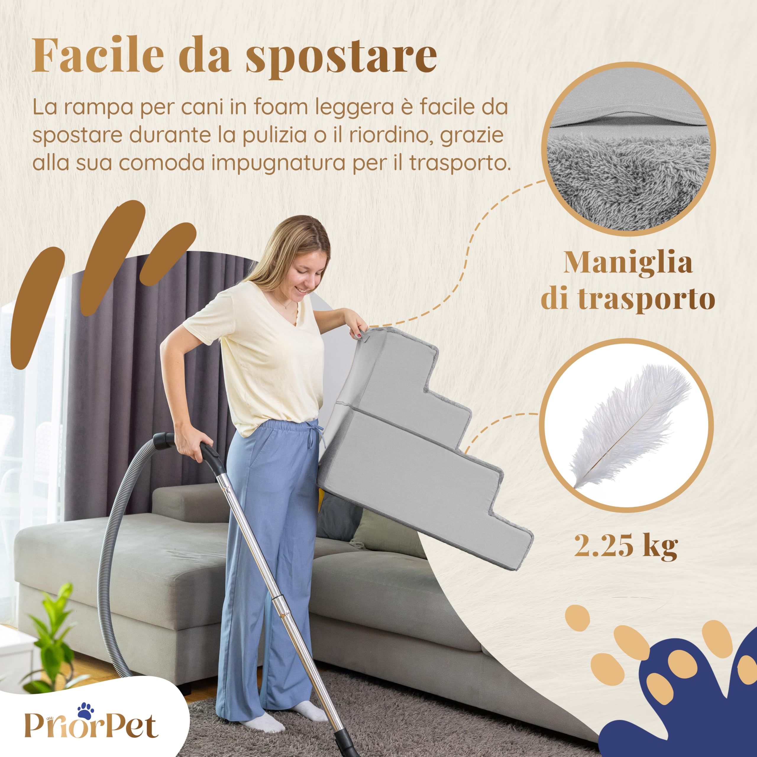 Escaleras Perros Subir a la Cama - Rampa para Perros de 4 peldaños - Escalera para Perros pequeños de Espuma de Alta Densidad de 58 cm - Base Antideslizante - Escalera para Mascotas - Gris Claro