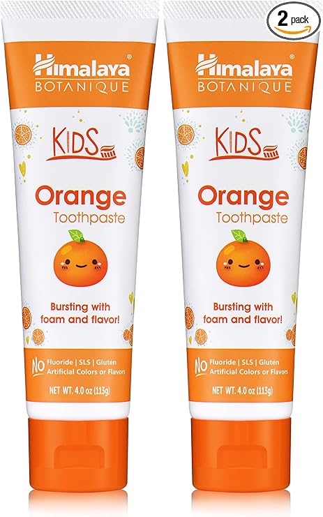 Himalaya Botanique Kids Toothpaste, Herbal, Orange Flavor, Fights Plaque, Fluoride Free, Gentle, No Artificial Flavors or Colors, SLS Free, Gluten Free, Cruelty Free, Vegan, Foaming, 4 Oz, 2 Pack…