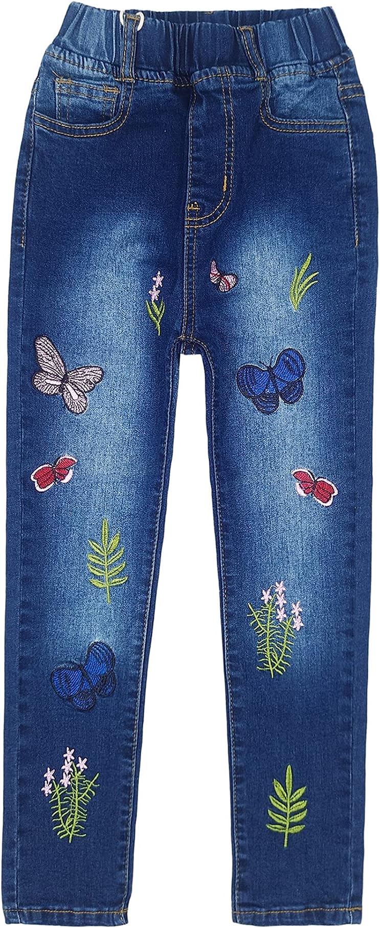 KIDSCOOL SPACELittle Girl Embroidered Jeans,Big Girls Elastic Waist Denim Bottom Pants