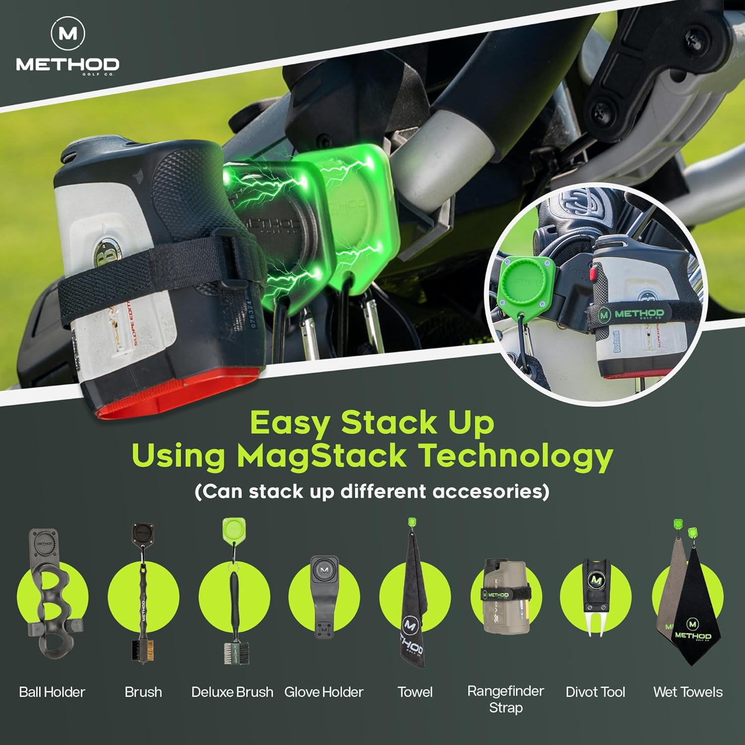 Method Golf BagStack Pro Pack Magnetic Golf Accessories Landing Pad with MagStack Tiles with Towel and Club Brush Plus Rangefinder Strap- Superior Magnet-to-Magnet Interlocking Technology Gear Hub