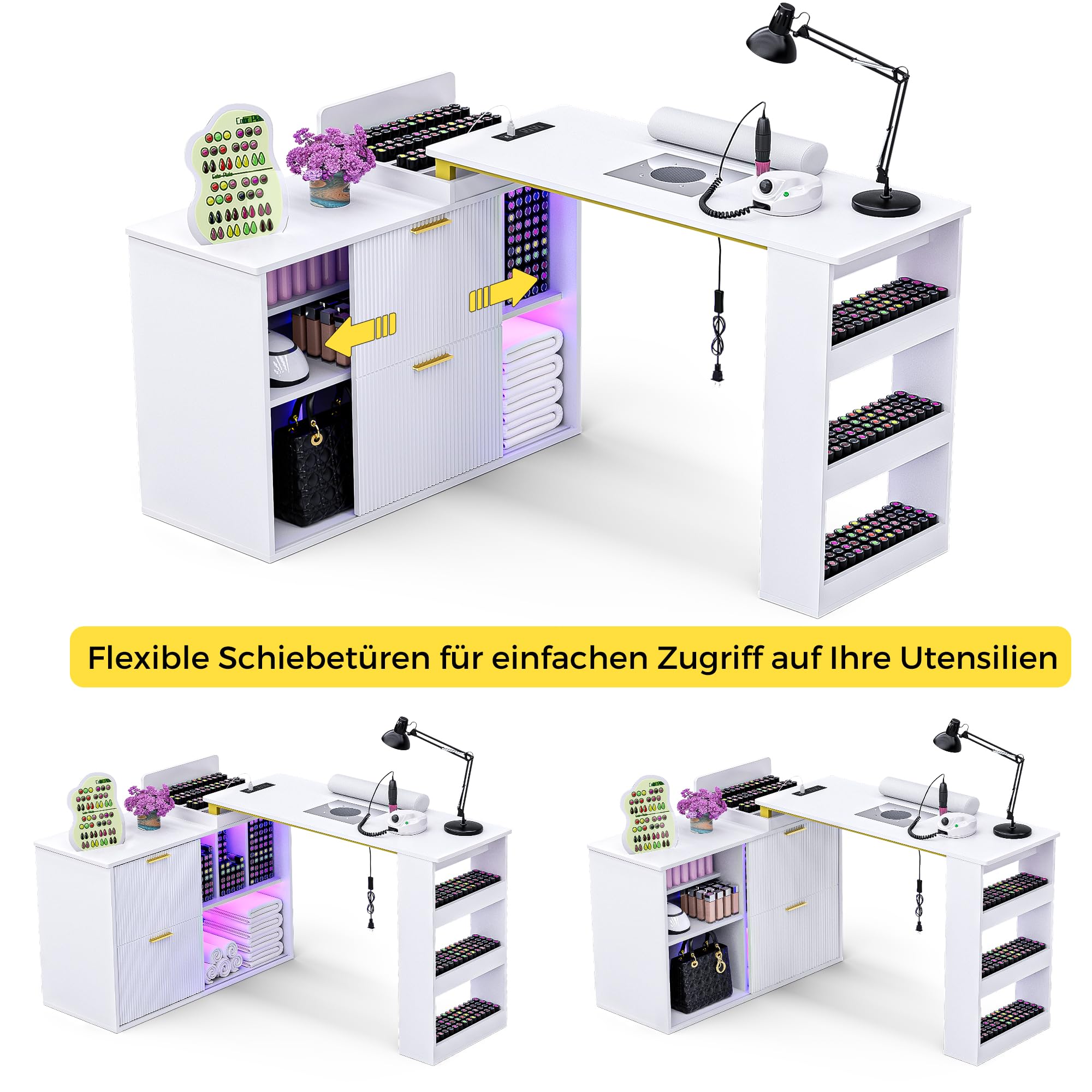 Nageltisch mit Staubabsaugung RGB App-Steuerung, Längenverstellbarer Manikürtisch mit Schrank, Großer Stauraum für Profi Nagelstudio & Nageldesign, Weiß