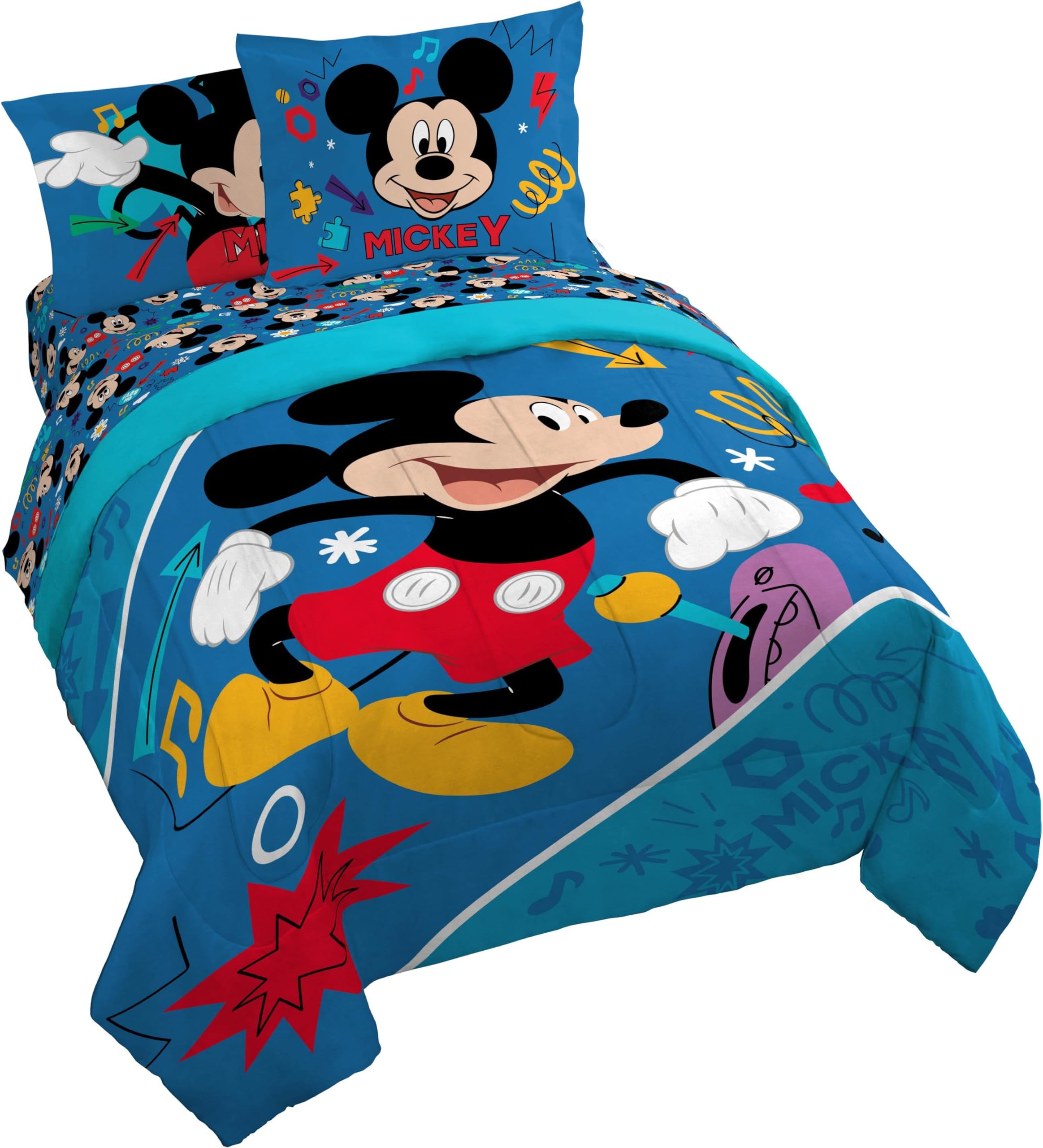 Kids Comforter Set Includes Sheets and Pillow Covers - Soft and Cozy Bed Set for Stylish Room Decor, Blue - Mickey Mouse, 7 Queen Piece Bedding