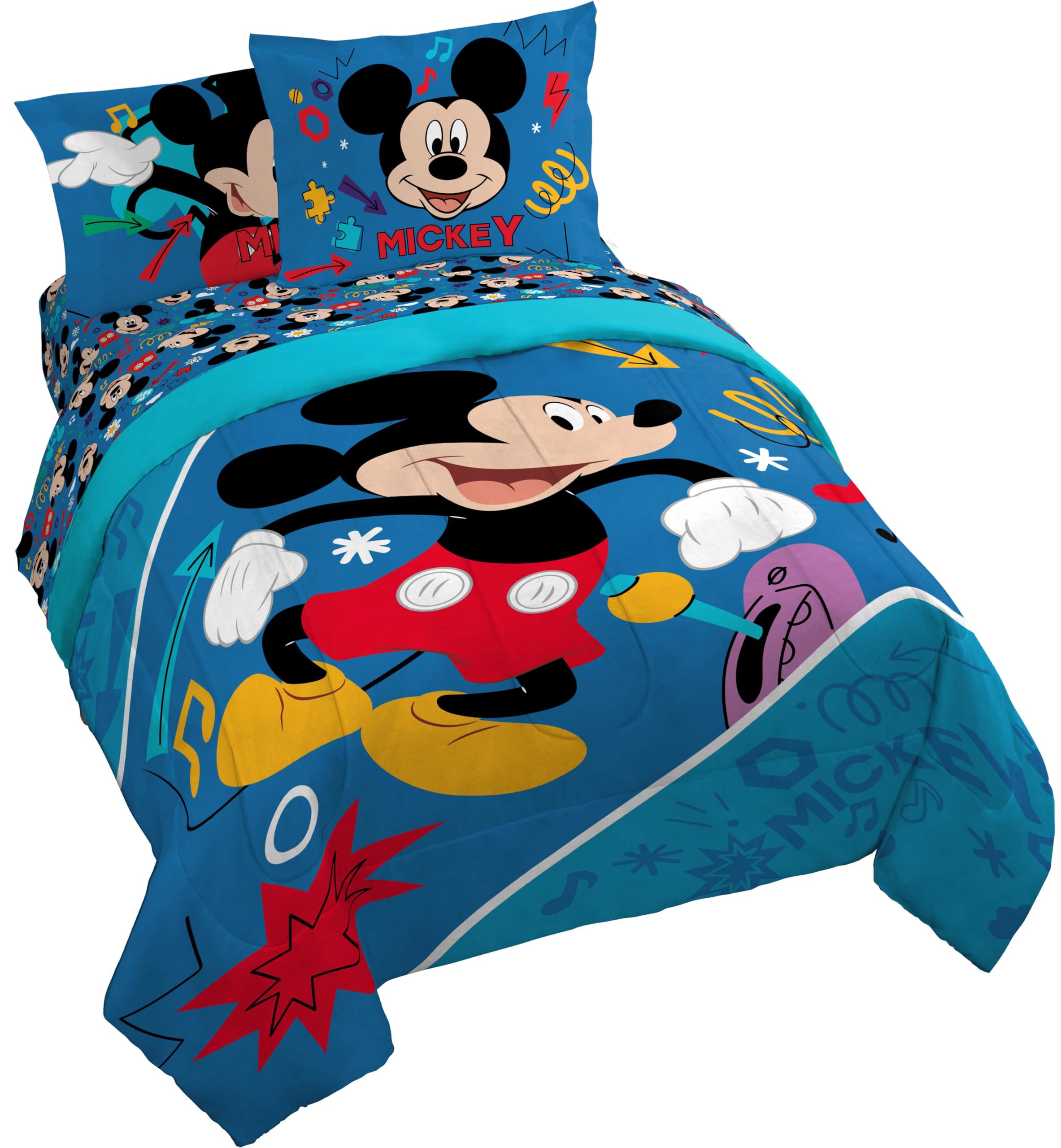 Jay Franco Kids Comforter Set Includes Sheets and Pillow Covers - Soft and Cozy Bed Set for Stylish Room Decor, Blue - Mickey Mouse, 7 Queen Piece Bedding