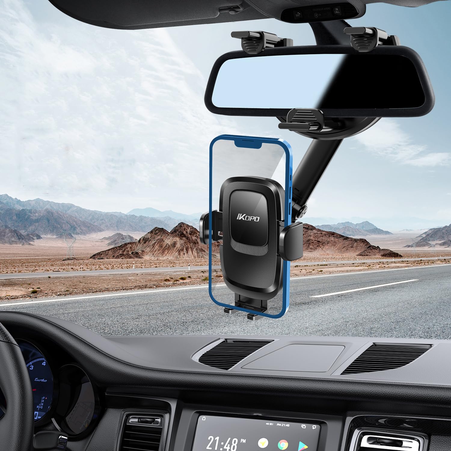 IKOPO Car Phone Holder Rearview Mirror Mount, Sturdiest Shockproof Mobile Cell Phone Mount for Car wiht Adjustable Arm Suitable All Phones and All Car Rearview Mirror