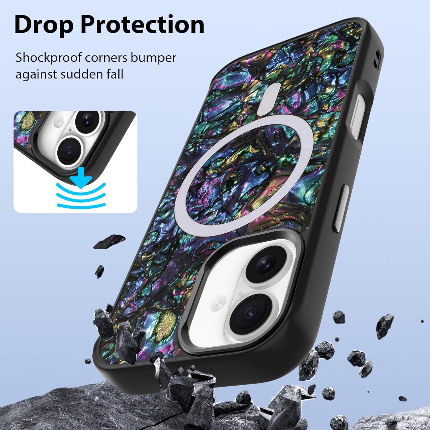 Magnetic for iPhone 17 Case, Luxury Glitter Abalone Shell Mother of Pearl Design for Women Girls, Compatible with Magsafe, Cute Sparkle Shockproof Protective Phone Case, Black