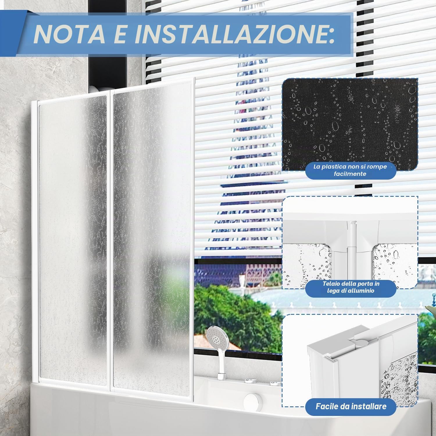Parete divisoria per vasca da bagno in plastica, doccia per vasca da bagno, resistente alle schegge, 100x140 cm, 2 pezzi pieghevoli, telaio in alluminio bianco, montaggio a sinistra/destra, con