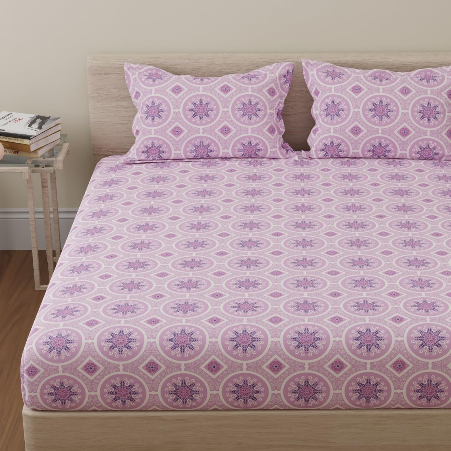 Huesland Cotton Bed Sheets - King Size, Purple & White -19