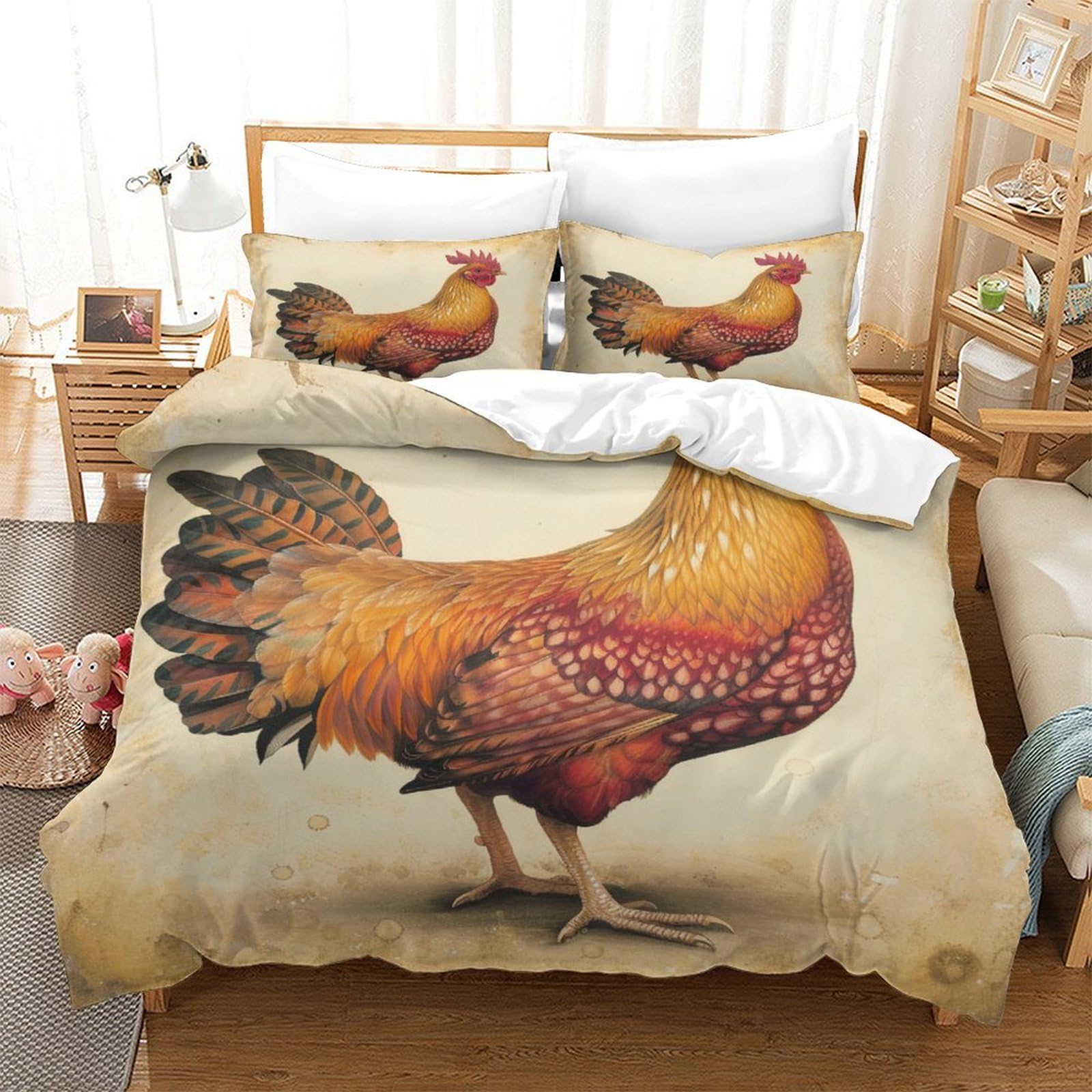 P1s9u7w5y Gallic Rooster-6 Country Rooster 3D Printed Duvet Cover Set 3Pcs Microfiber Chicken Bedding Set King（220X240cm）