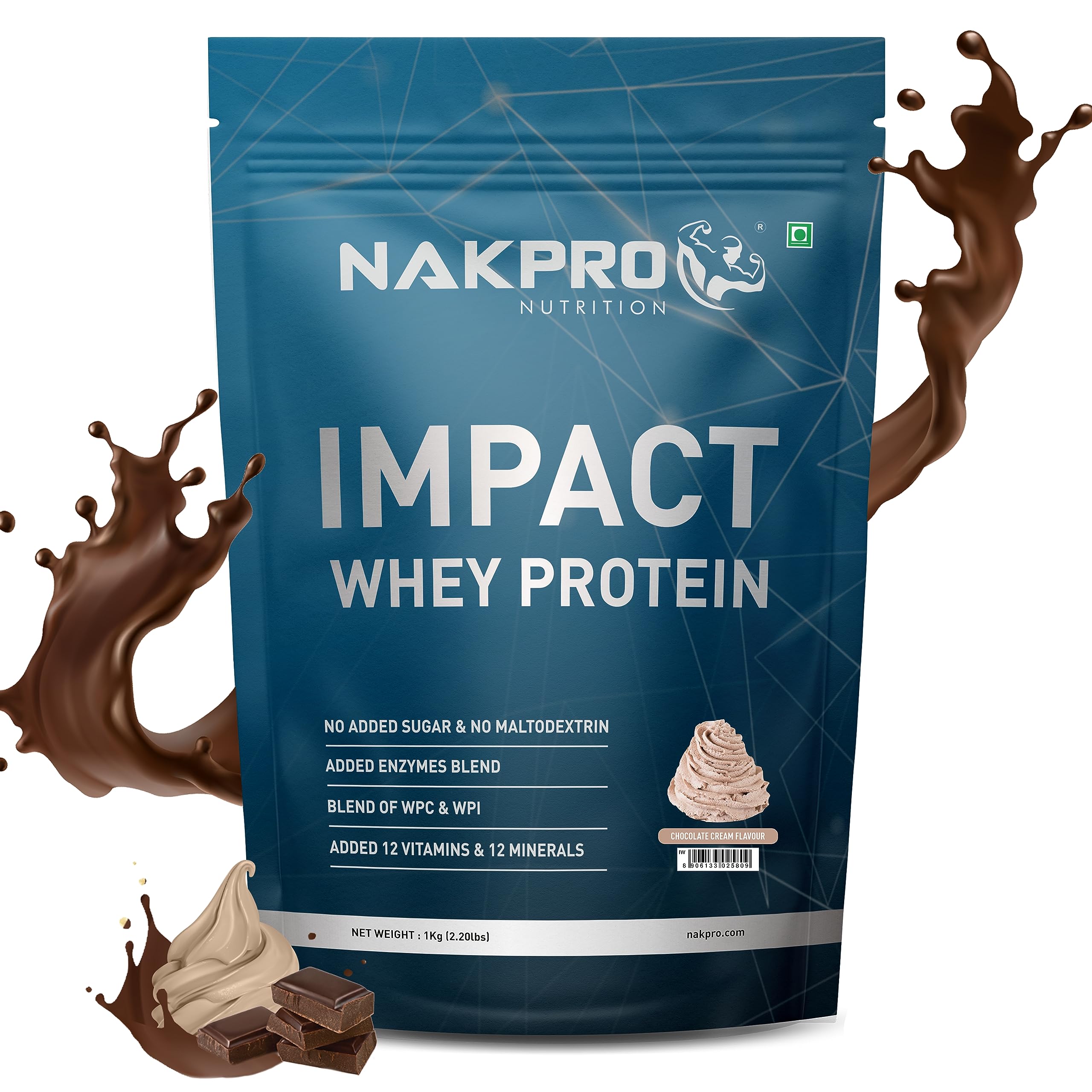 NAKPRO Impact Whey Protein 1kg | Isolate & Concentrate | 24g Protein & 4.9g BCAA | With Digestive Enzymes for better Absorption | NABL Lab Tested 100% Authentic Supplement Powder - Chocolate Cream Fl