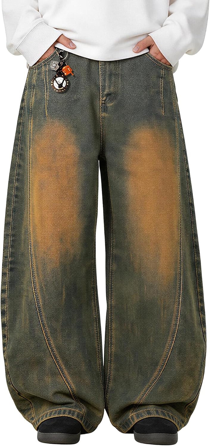 PLEPAN Mens Baggy Jeans Vintage Barrel Wide Leg Skater Denim Pants Y2K Streetwear Hip Hop Long Trousers