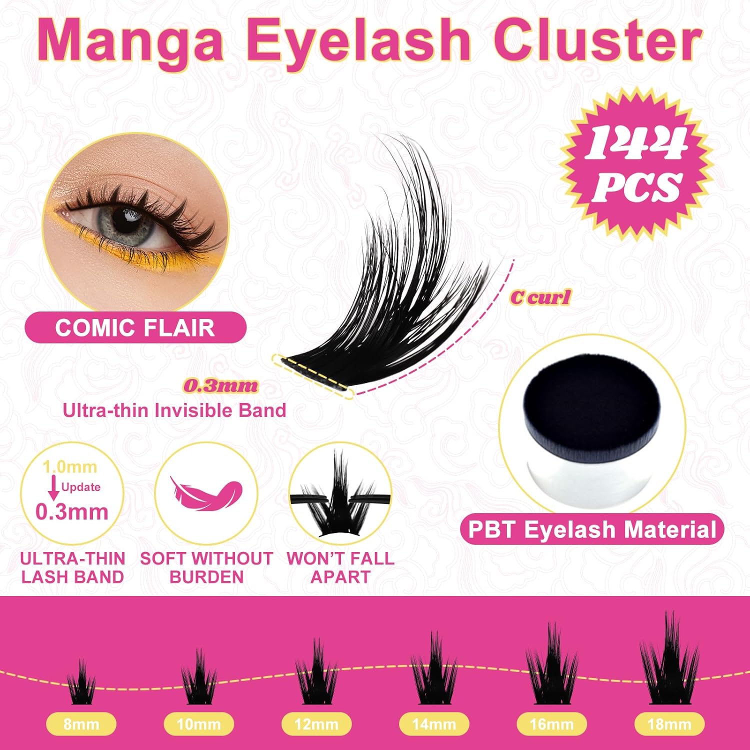 Fowendia Lash Clusters Kit California Sunset 8-18mm Manga Eyelash Clusters DIY Lash Extension Kit Waterproof Wispy Anime Lashes Clusters Ultra-Thin 0.3mm Individual Cluster Eyelash Extensions Kit