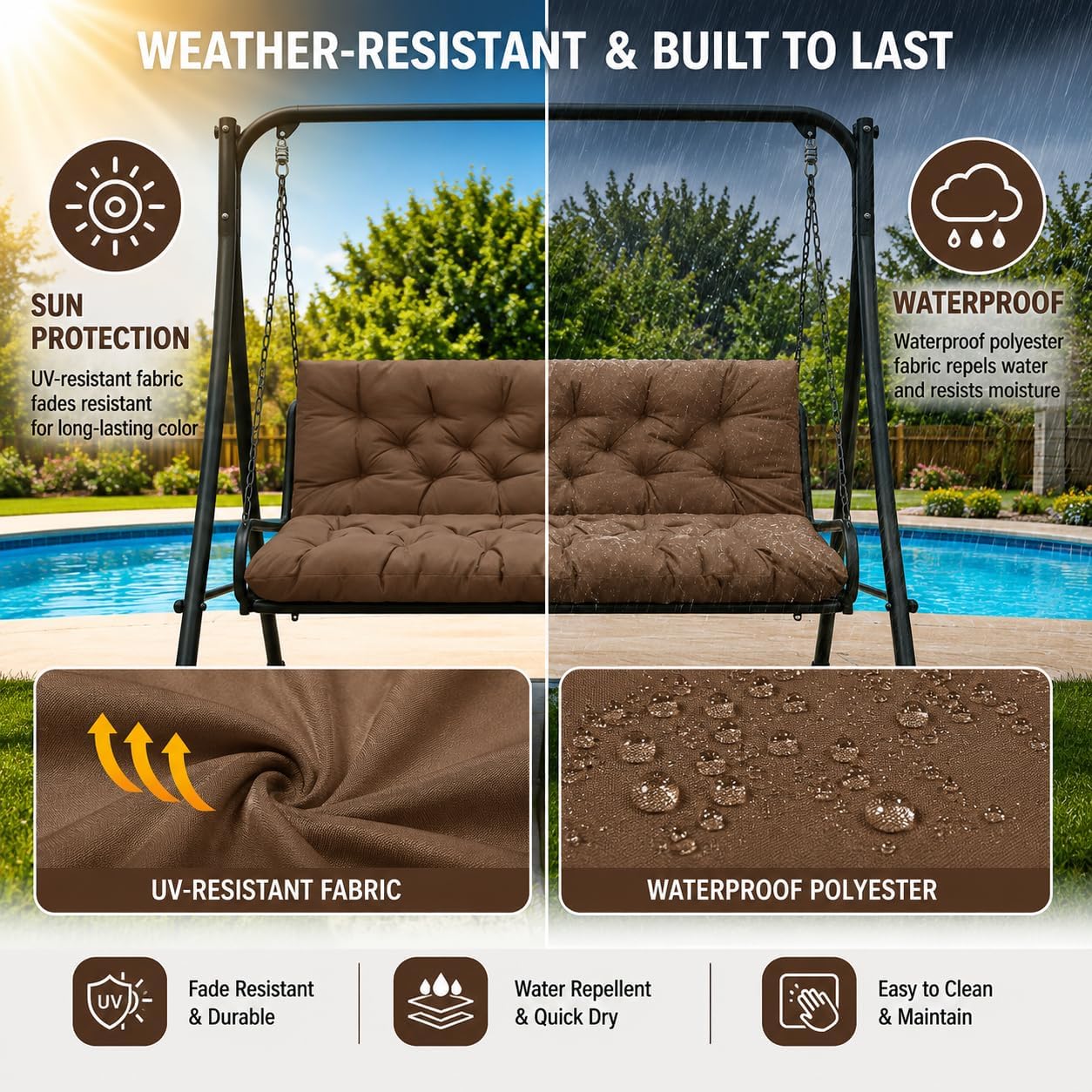 60 Inch Porch Swing Cushion with Backrest, Thick Waterproof Outdoor Bench Cushion for Patio, Garden & Backyard Seating(Coffee, 60 * 40in)