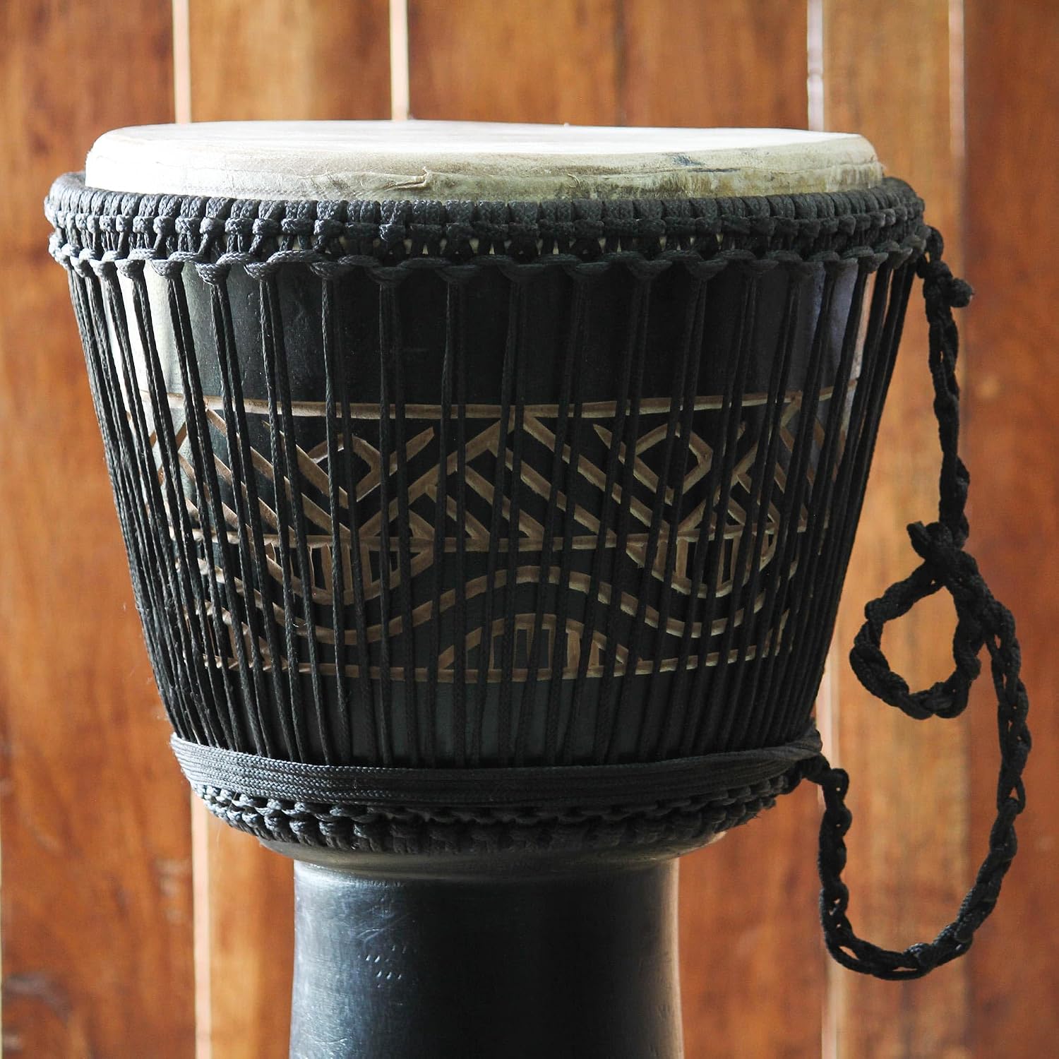 NOVICA Geometric Black and White Wood Goatskin Djembe Drum with Cotton Strap, 'Ultimate'