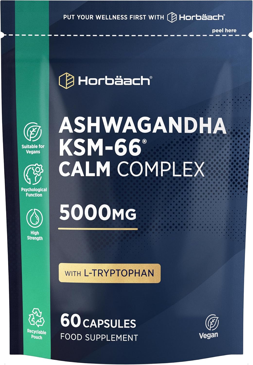 Ashwagandha KSM-66 Complex 5000mg | Enhanced with Amino Acids and B Vitamins (B1, B2, B3, B6 & B12) | Calm Formula for Men & Women | 60 Vegan Capsules | by Horbaach