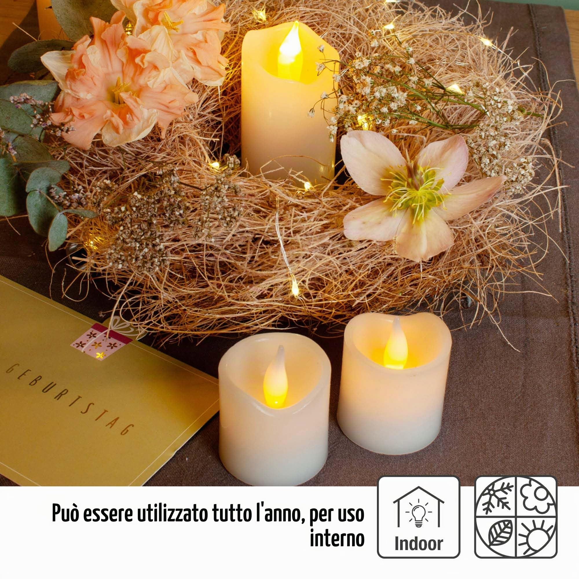 Hellum 6 candele a LED in vera cera, diametro 5 x 5 cm, funzionamento a batteria (6 x CR2032, incluse), per interni, decorazioni natalizie, candele di cera con LED bianco caldo 152760