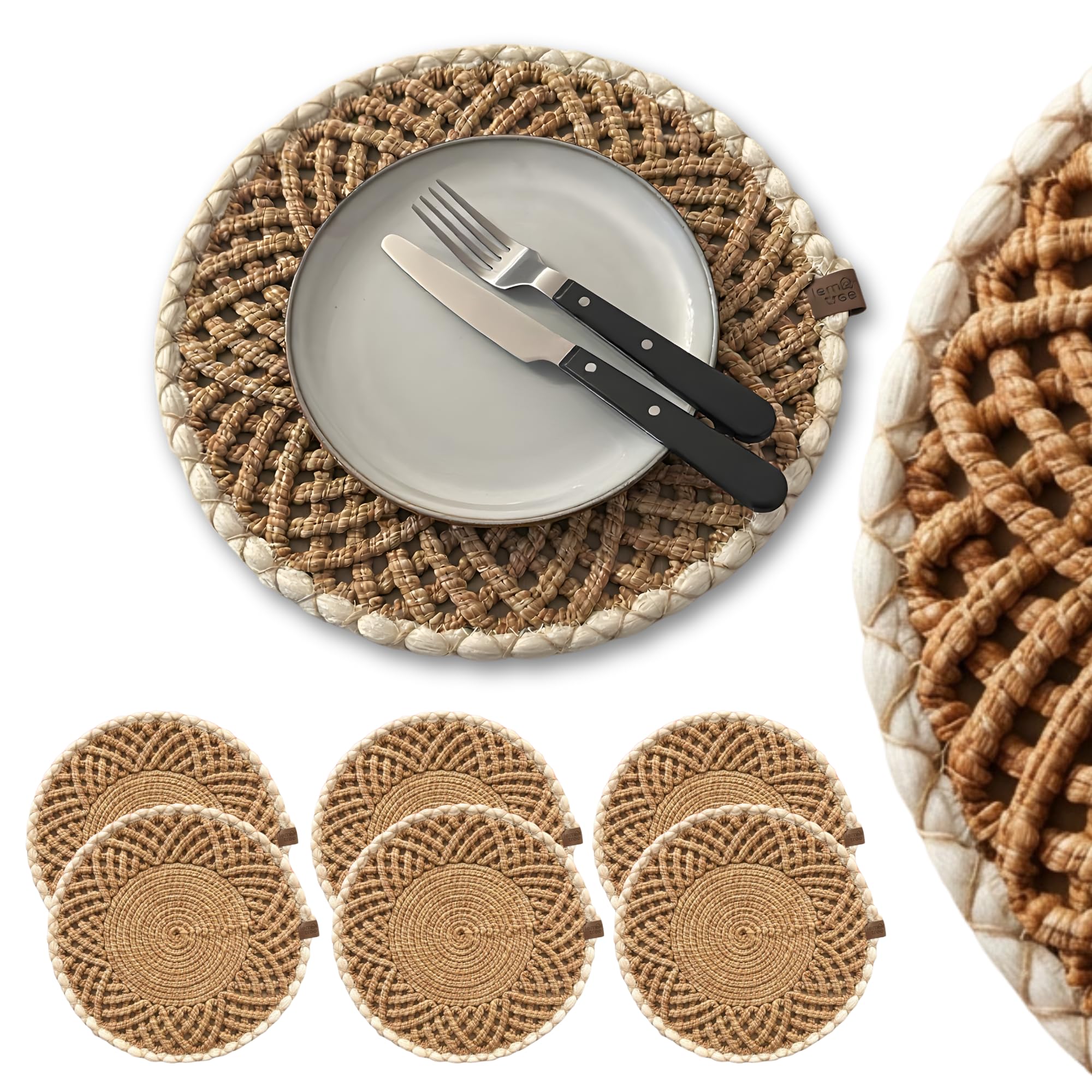 Round Woven Placemats Set of 6, Braided Natural Table Mats for Dining Table Decor, Waterproof, Handmade, Easy to Clean, Perfect Fall Placemats for Thanksgiving, Christmas & Everyday Use 14.2IN