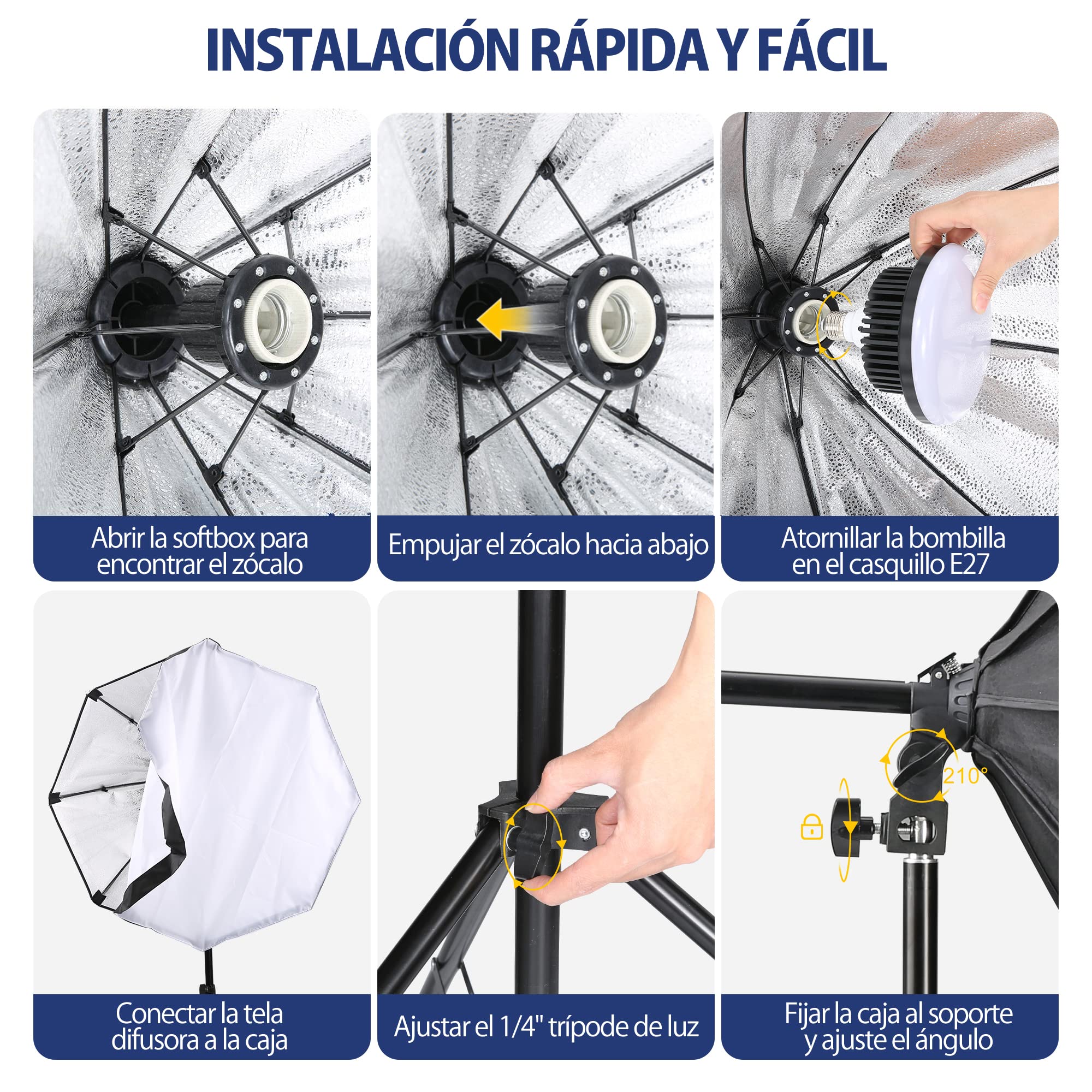 Equipo de Iluminación Estudio Fotografía Kit de 2 Softbox Octogonal Bicolor 3000~6500K con Bombilla LED 150W Control Remoto y Soporte de Luz Ajustable para Retrato Vídeos Transmisión en Vivo