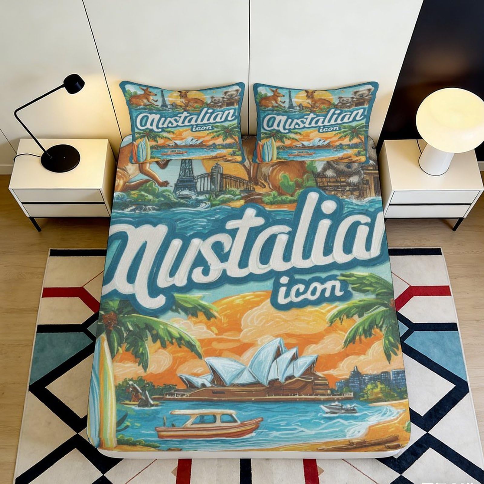 3D Printed Australian Icon Fitted Sheet Microfiber Soft Durable 3D Printed Beach Scene Mattress Cover for Bedroom Dormitory Guest Room 120x200x25cm
