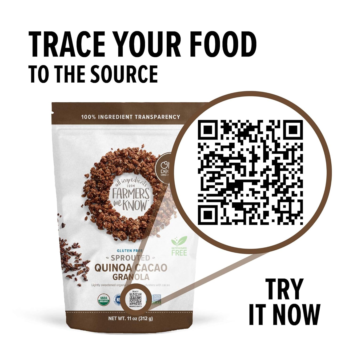 One Degree Organic Foods Sprouted Oat Quinoa Cacao Gluten Free Granola - USDA Organic, Vegan (11 oz. - 6 pack)