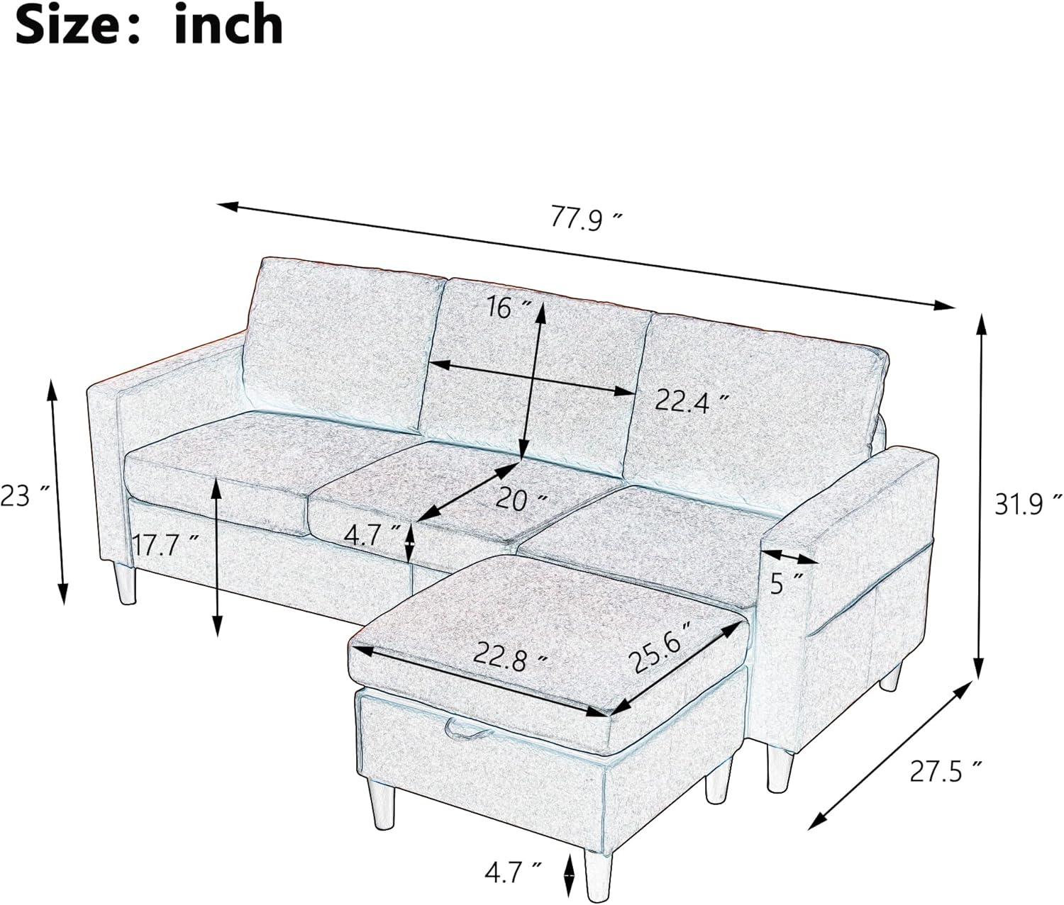 Diagram showing dimensions of the P PURLOVE sectional sofa