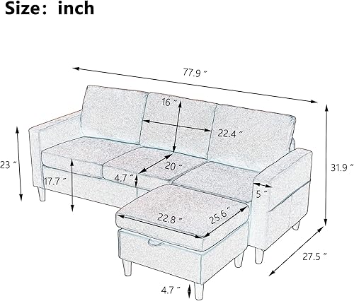 Miniatura 2 de YUNLife Sofá modular tapizado de lino de 3 plazas, sofá esquinero en forma de L con práctico bolsillo lateral, otomana de almacenamiento móvil y