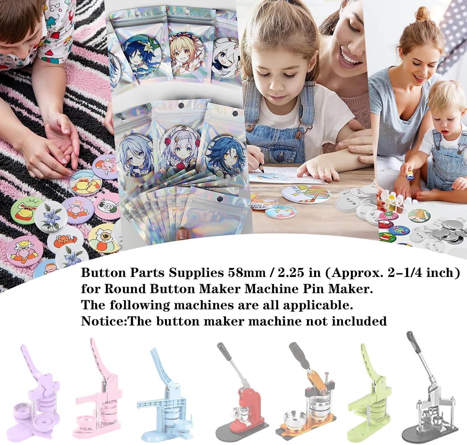 200 Sets 58mm / 2.25 in (Approx. 2-1/4 inch) Button Making Supplies for Your Round Button Maker Machine, Including Metal Covers, Plastic Back Covers, Clear Plastic Film, Blank Paper & Holographic Bags