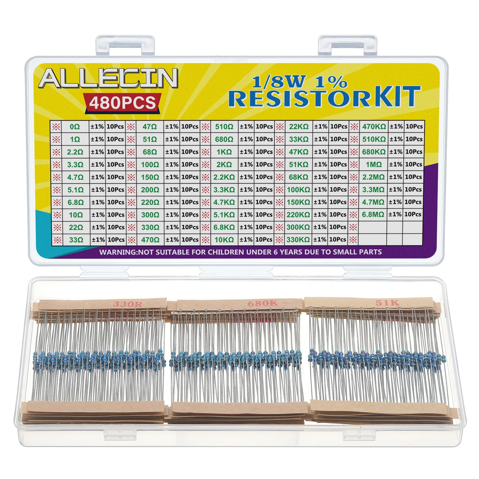 ALLECIN 1/8W Metal Film Resistor Kit from 1 Ohm to 6.8M Ohm 48Values 1/8 Watt 1% Resistors Assortment