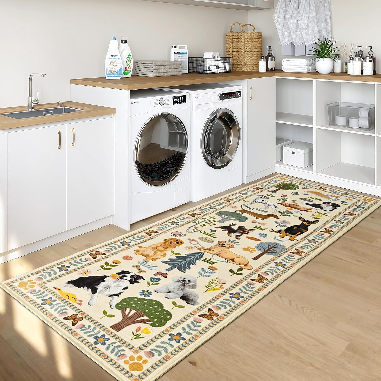 ST. BRIDGE 2x6 Runner Rug for Kitchen Hallway, Washable Dog Print Floor Mat, Soft Thin Stain Resistant Small Area Rug, Non Slip Low Pile Carpet for Entryway Bathroom Laundry Room Bedroom, Beige
