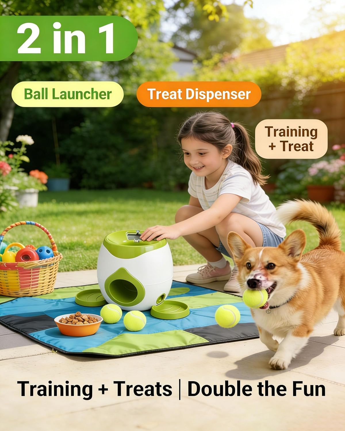 2-in-1 Dog Tennis Ball Launcher & Treat Dispenser, Drop the Ball to Get Treats, Interactive Slow Feeder Toy for Mental Stimulation & Anti-Boredom, Durable Fun Feeding Bowl for All Breeds (Green)