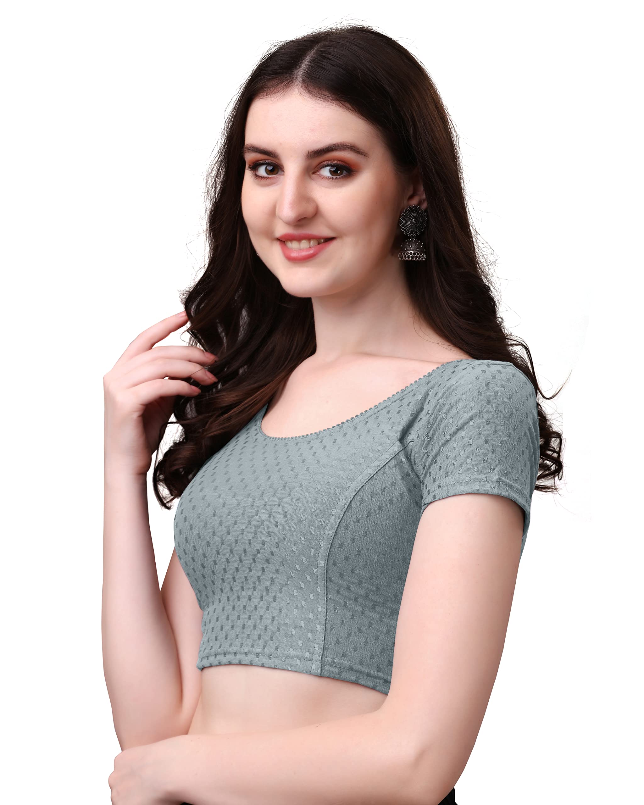 Women's Round Neck Dobby Cotton Stretchable Short Sleeve Readymade Saree Blouse-image-30