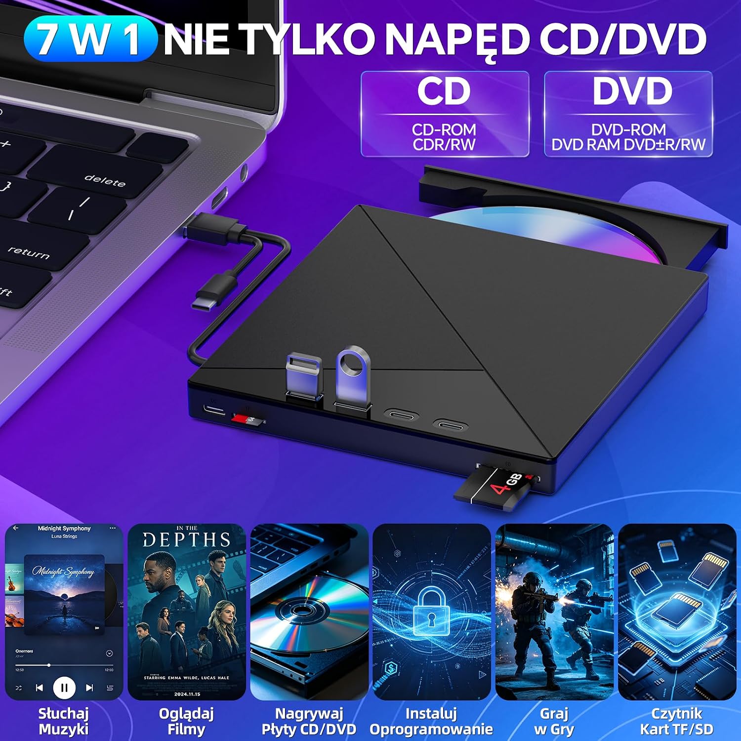 Внешний CD/DVD-привод, портативный записывающий проигрыватель «7 в 1» | С интерфейсами USB 3.0 и Type-C, а также считывателем карт SD/TF и USB-концентратором. Совместим с Mac/Linux/ПК/ноутбуками/Windows
