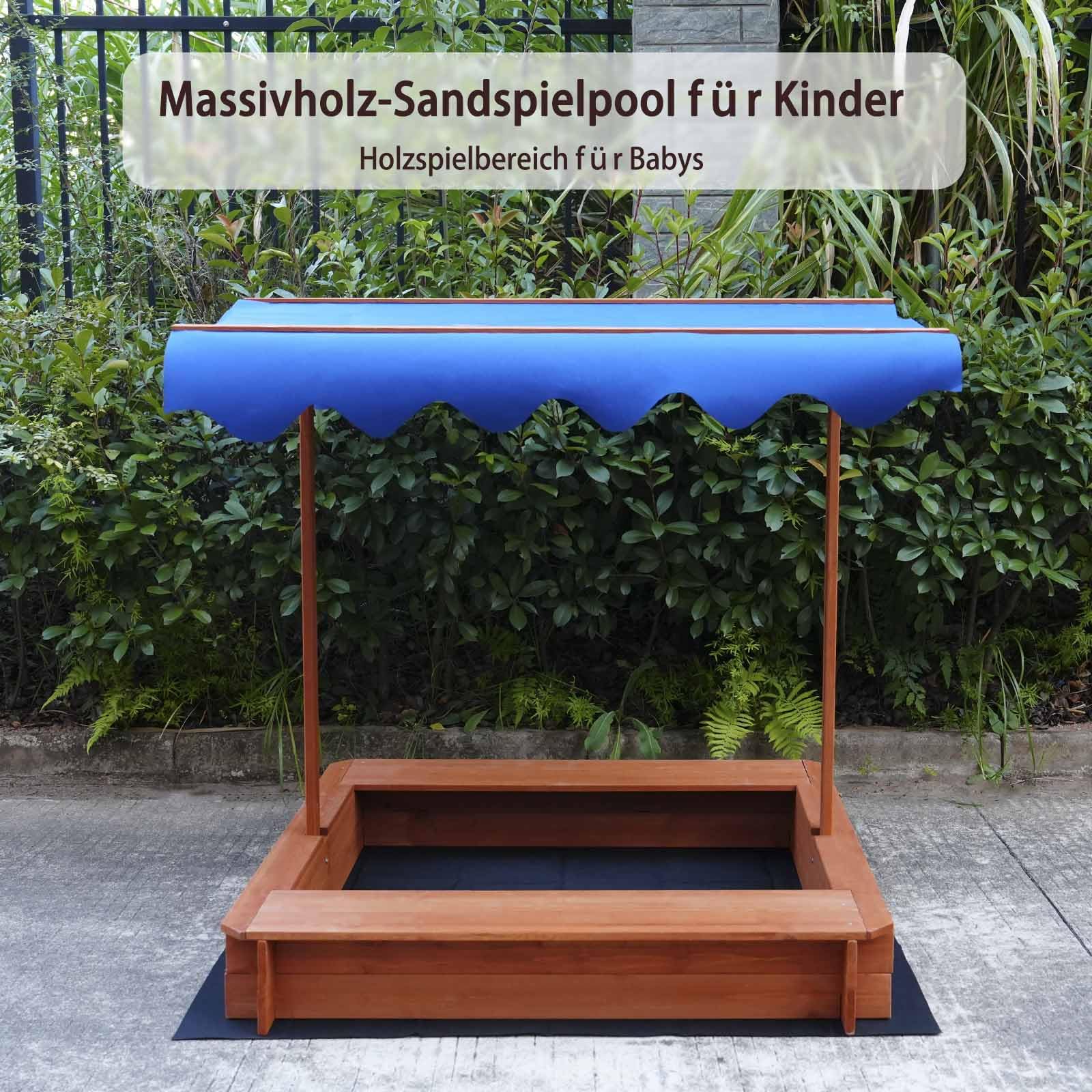 Bac à sable avec toit et banc, en bois, 114 x 114 x 114 cm, protection UV, bleu, avec tissu non tissé, le sac de sable convient uniquement aux enfants