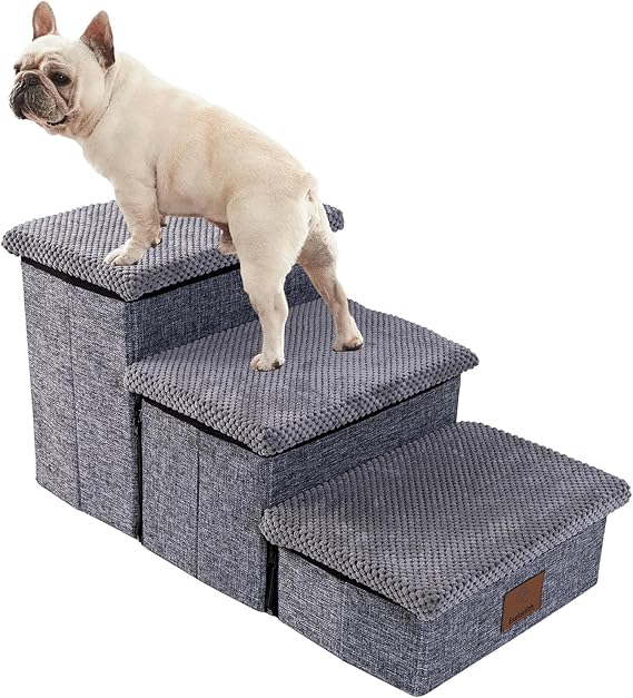 Dog Steps for Small Dog, 3-Step Dog Stairs for High Beds and Couch with Storage,Non-Slip Bottom Foldable Pet Stairs for Small Cats and Dogs Pet Stairs for Small Dogs Stairs (Grey, 3 Steps)