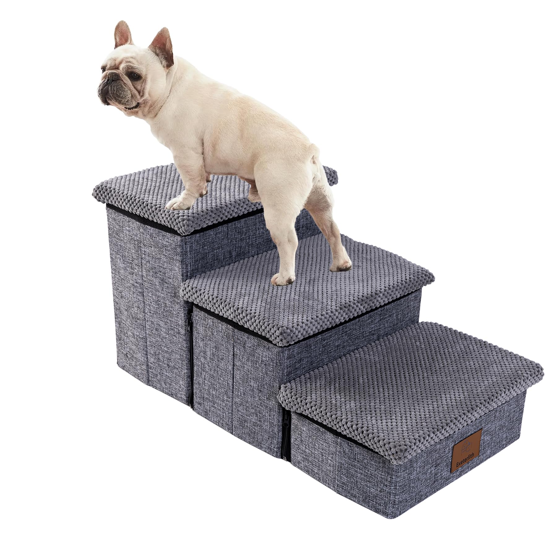Dog Steps for Small Dog, 3-Step Dog Stairs for High Beds and Couch with Storage,Non-Slip Bottom Foldable Pet Stairs for Small Cats and Dogs Pet Stairs for Small Dogs Stairs (Grey, 3 Steps)