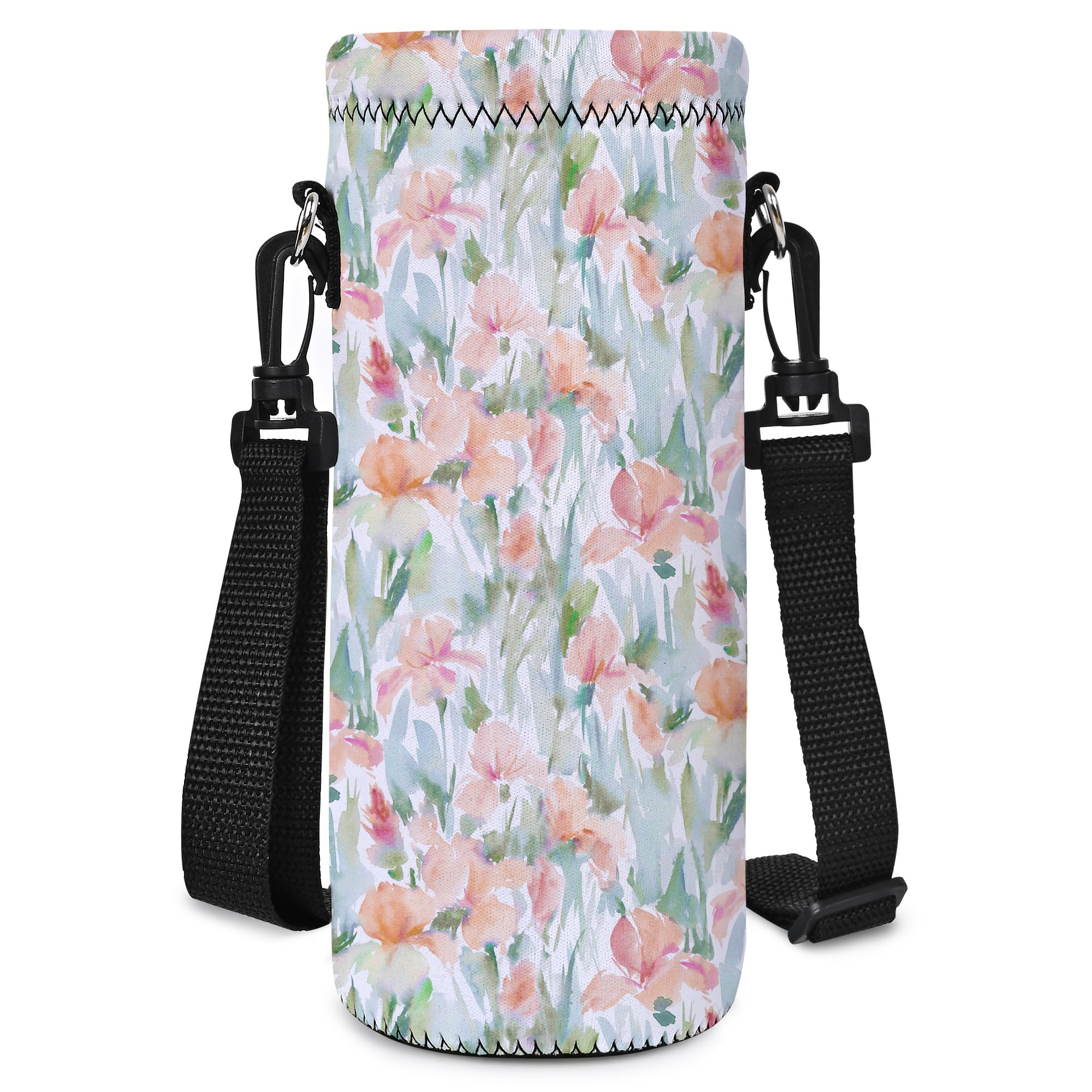 Hnycsir 1L/1000ML Neoprene Water Bottle Bag Carrier, Portable Insulated Sling Holder Case Pouch with Adjustable Shoulder Strap for Men Women Travel,Hiking,Walking,Running,Outdoor Activities (Flowers)